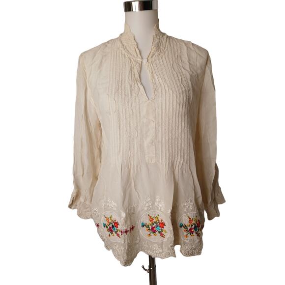 Johnny Was Pintuck Lace Mandarin Collar Dainty Floral Embroidery Blouse Medium - Picture 1 of 9